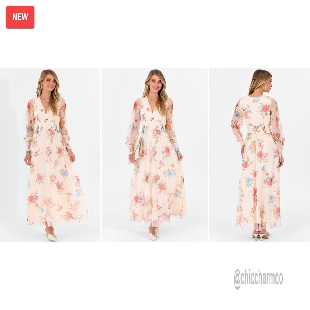 Flowy Maxi Dress with Puff Sleeves V-Neck Long Sleeve Wedding Guest - Picture 8 of 8